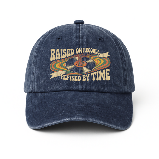 "Raised On Records. Refined By Time" Retro Music Washed Cap