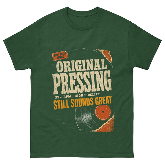 Vintage T-shirt with Original Pressing Still Sounds Great printed vinyl graphic