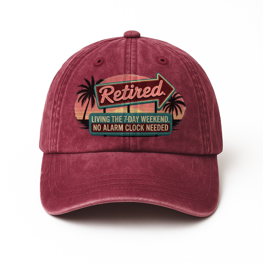 “Retired. Living the 7-Day Weekend” Sunset Motel Retro Neon Vibe Cap