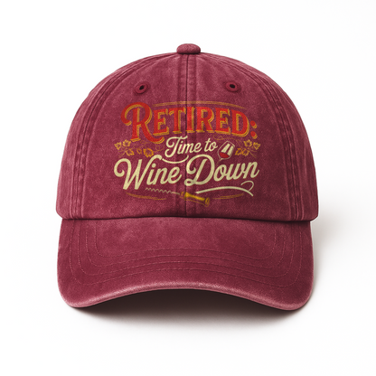 “Retired: Time To Wine Down” Vineyard Script Chill Cap