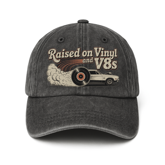 "Raised on Vinyl and V8s" Vintage Muscle Car Cap