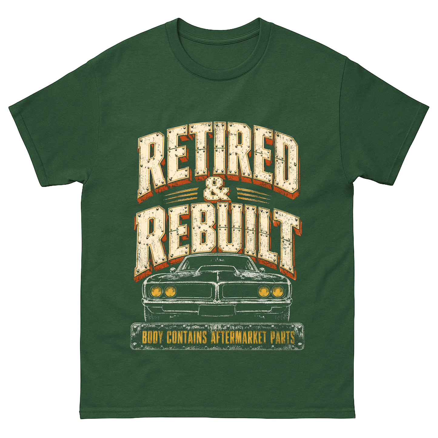 Retired and Rebuilt aftermarket parts T-shirt with printed graphic design