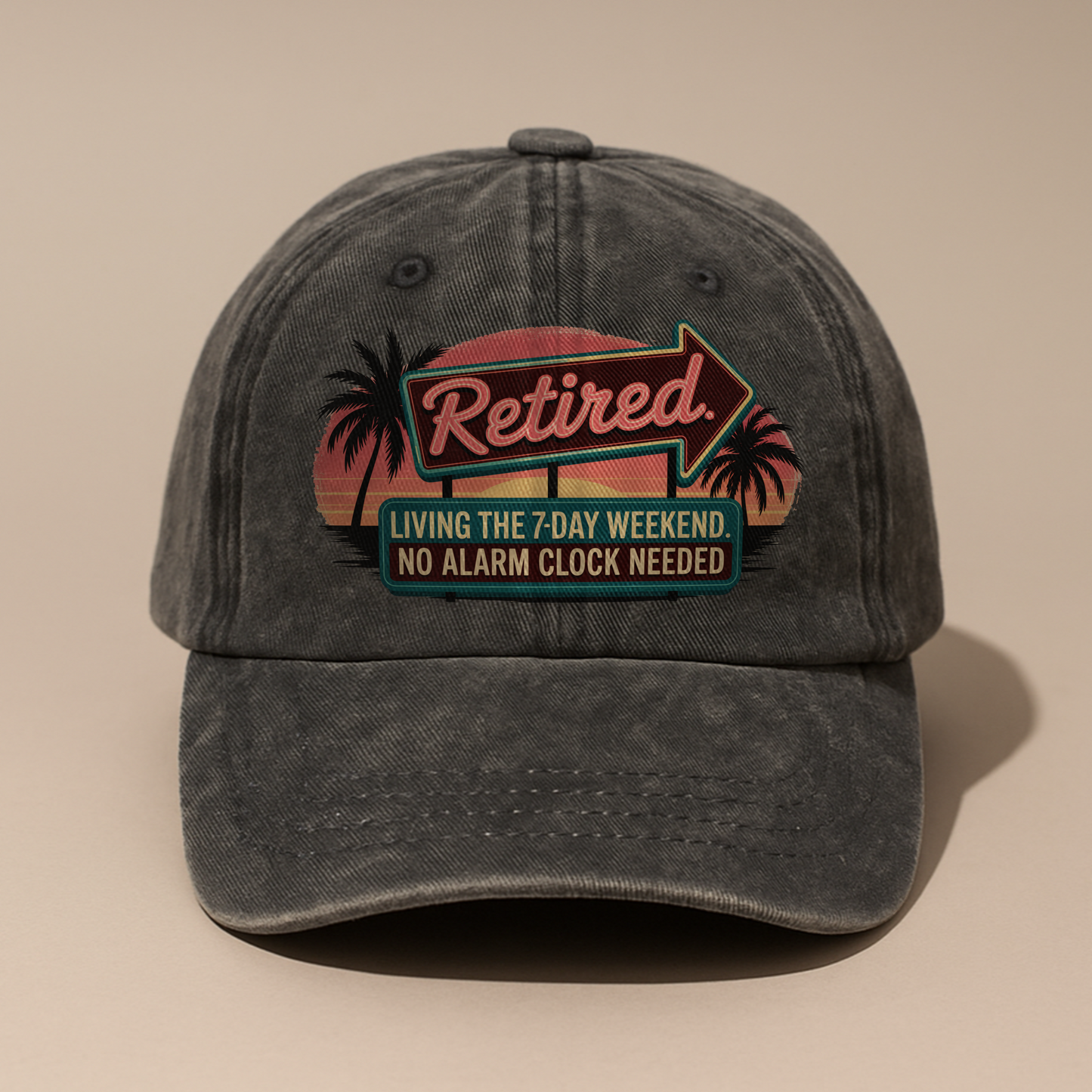 “Retired. Living the 7-Day Weekend” Sunset Motel Retro Neon Vibe Cap