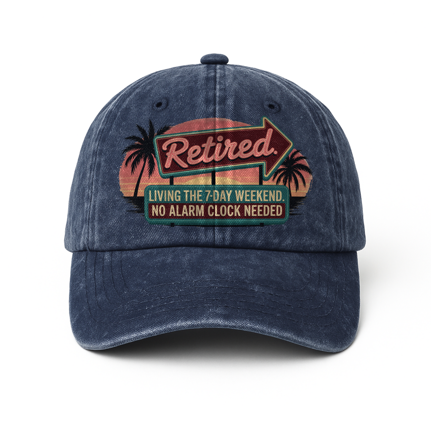 “Retired. Living the 7-Day Weekend” Sunset Motel Retro Neon Vibe Cap
