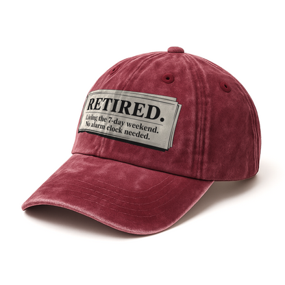 “Retired. Living The 7-day Weekend. No Alarm Clock Needed.” Retro Newspaper Statement Cap