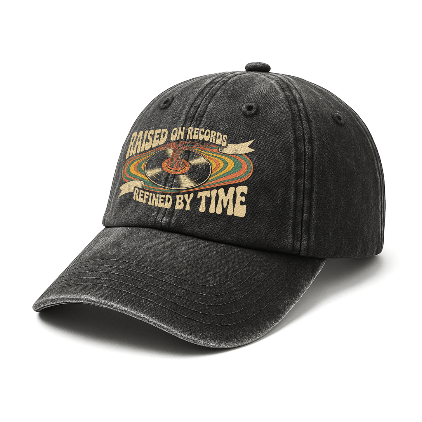 "Raised On Records. Refined By Time" Retro Music Washed Cap