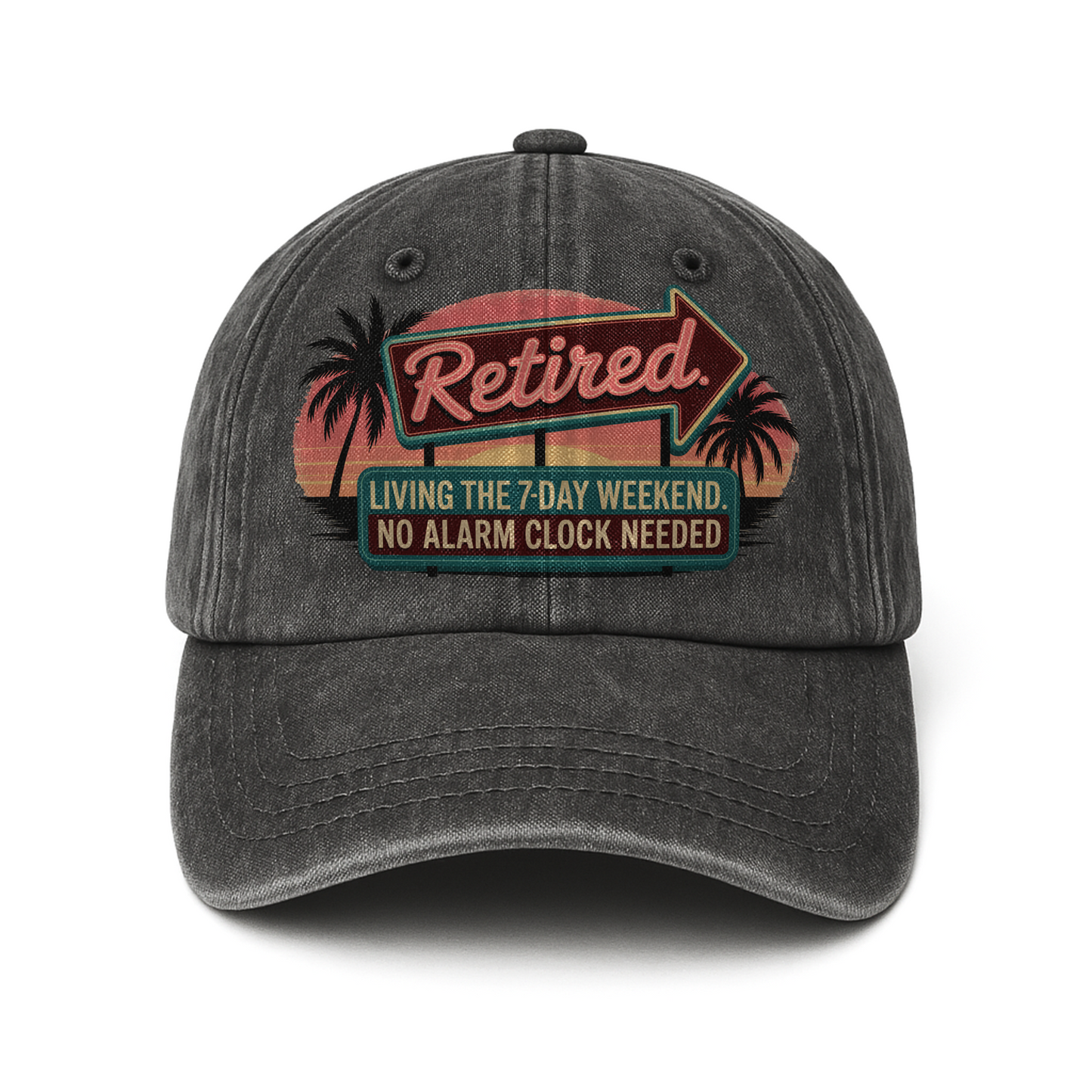 “Retired. Living the 7-Day Weekend” Sunset Motel Retro Neon Vibe Cap