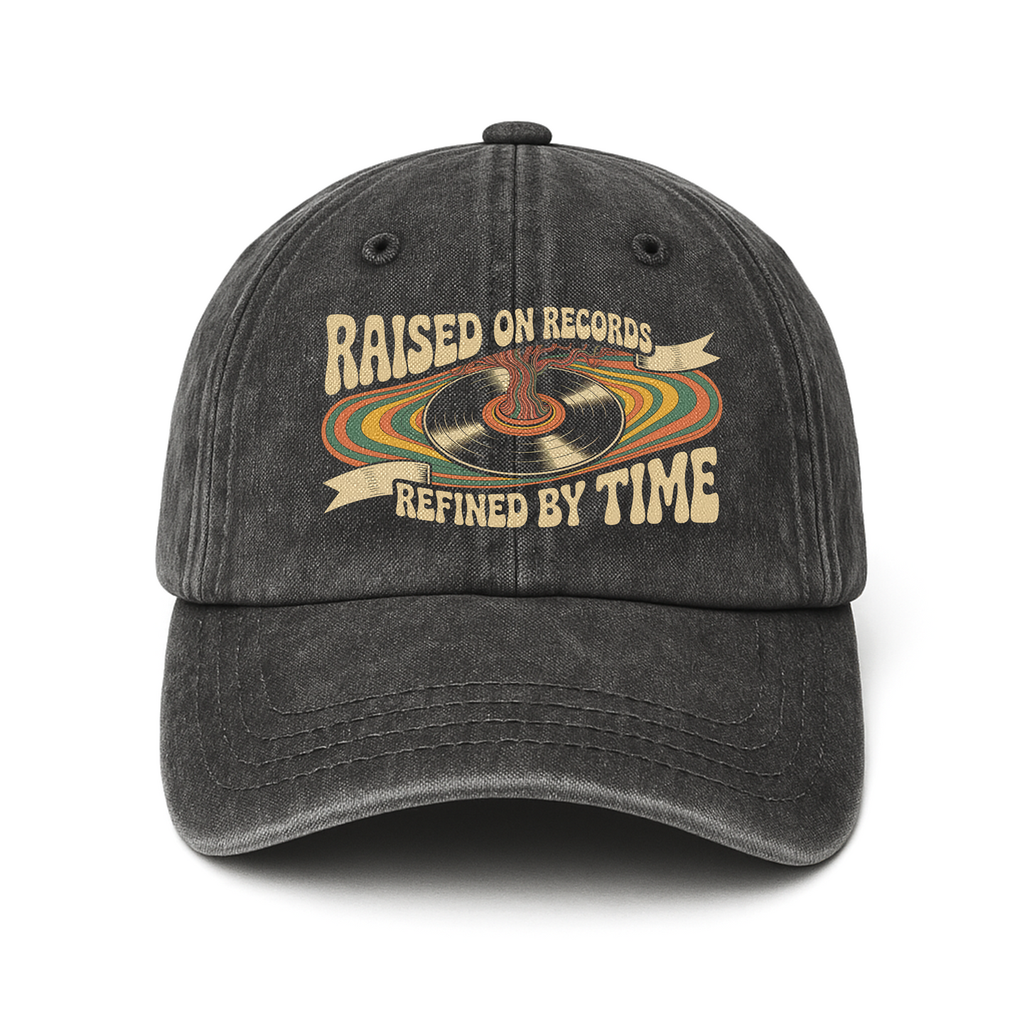"Raised On Records. Refined By Time" Retro Music Washed Cap