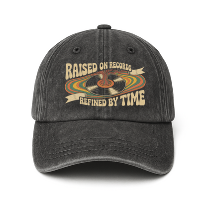 "Raised On Records. Refined By Time" Retro Music Washed Cap
