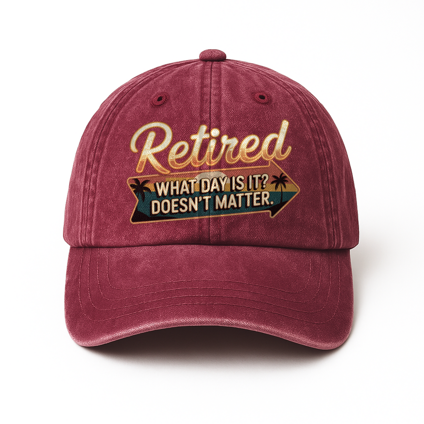 “Retired. What Day Is It? Doesn’t Matter.” Vintage Sunset Neon Style Cap