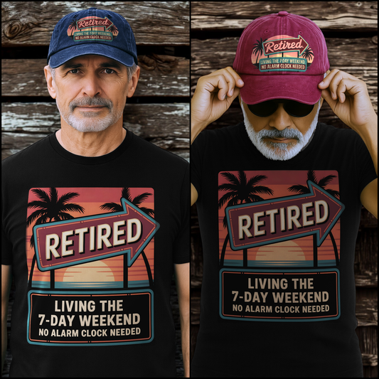 “Retired. Living the 7-Day Weekend” Sunset Motel Retro Neon Vibe Cap