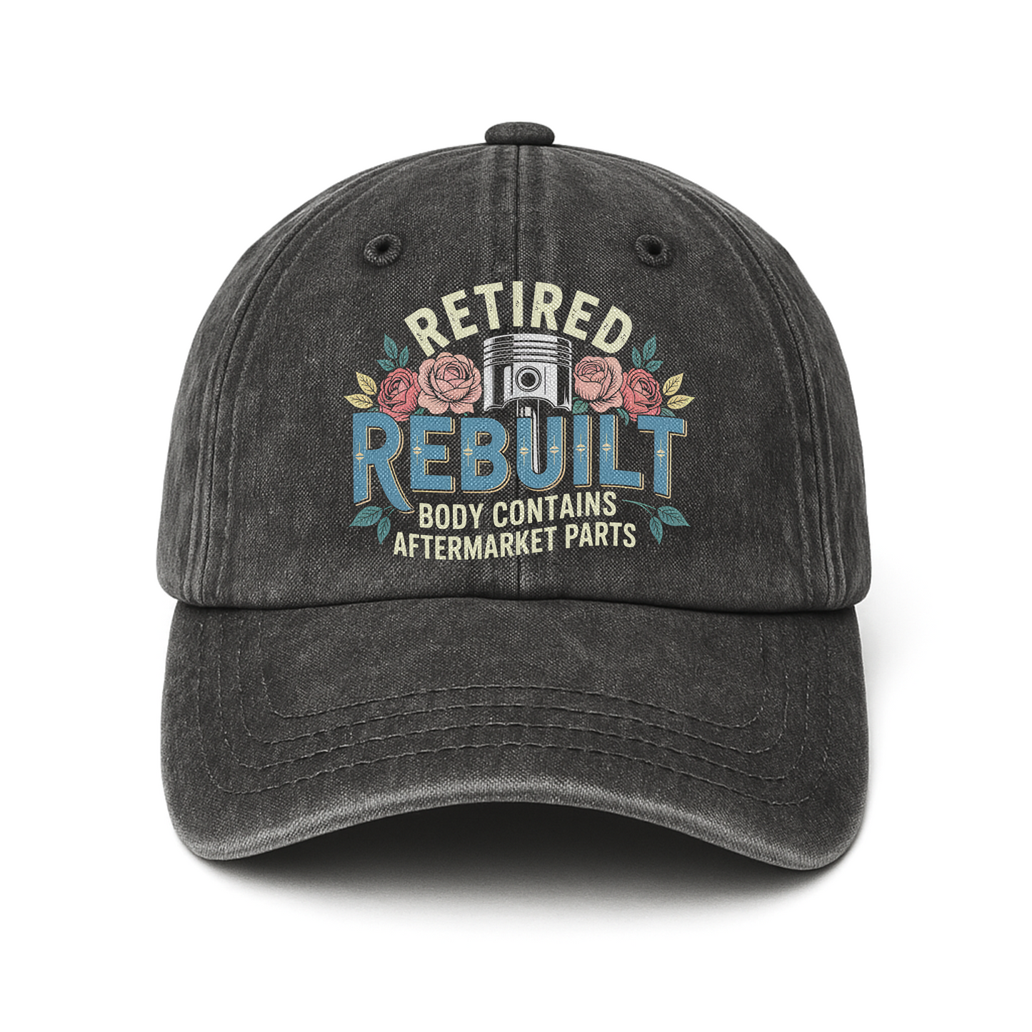 "Retired Rebuilt Body Contains Aftermarket Parts" Vintage Washed Cap
