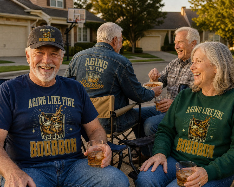 Neighbours in folding lawn chairs at the end of the street, one man in the navy tee and black cap, a woman in the forest green sweatshirt