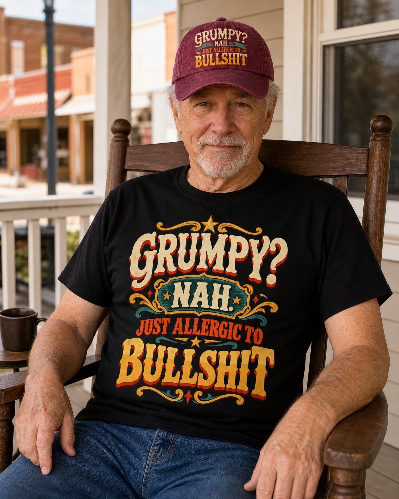 Man in the Grumpy? Nah black tee and wine red cap in a rocking chair on his porch, giving a knowing half-smile