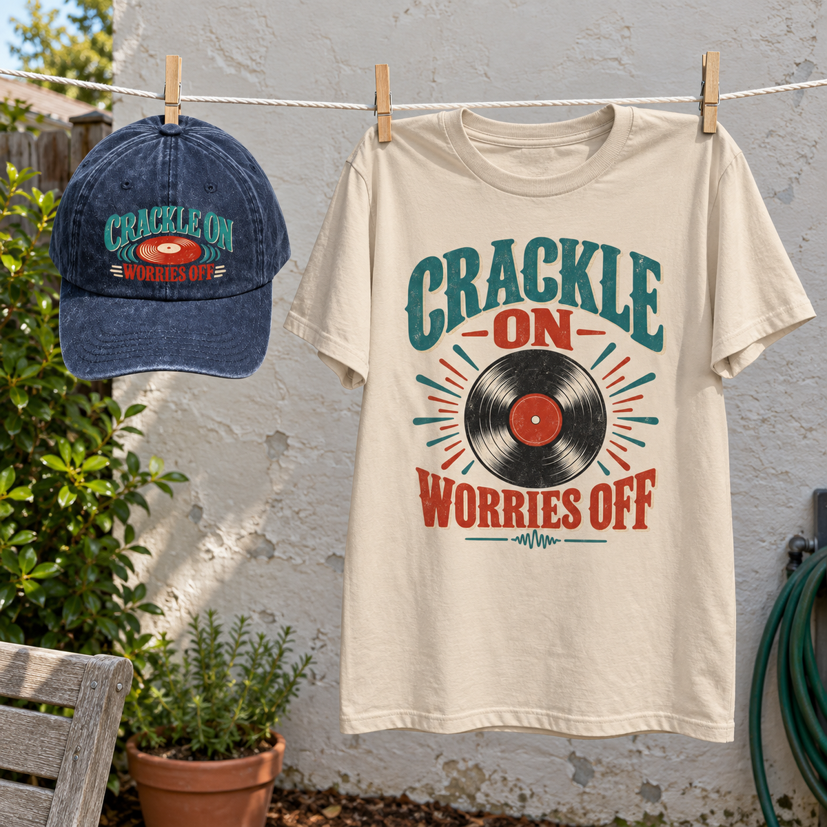Matching set: Crackle On Worries Off vintage washed cap and Crackle On Worries Off vintage t-shirt