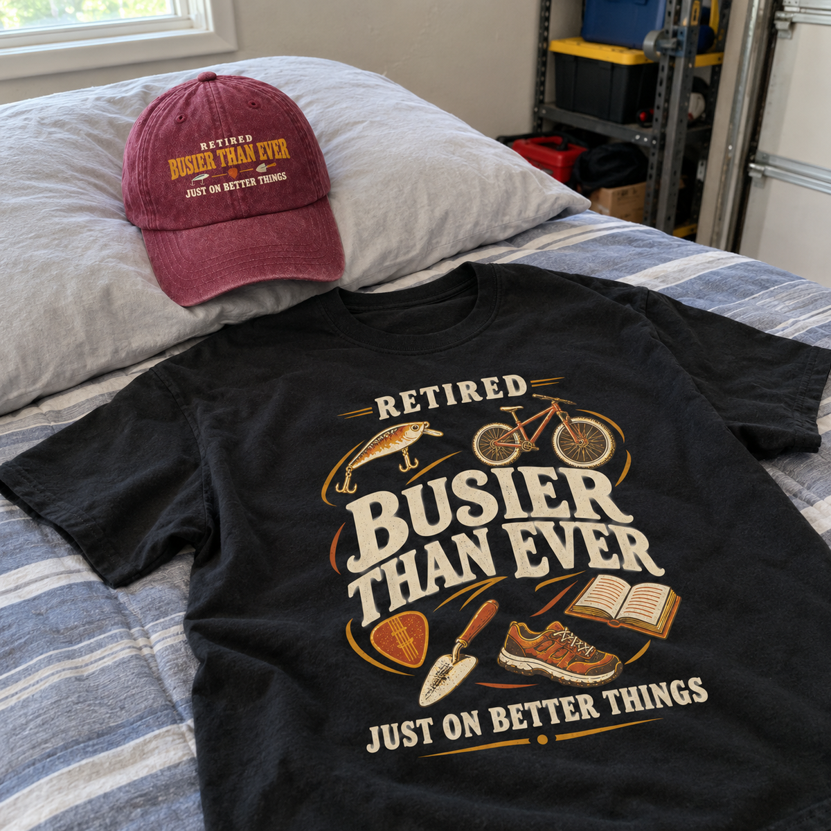 Matching set: Retired Busier Than Ever Just On Better Things vintage washed cap and Retired Busier Than Ever Just On Better T