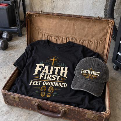 Matching set: Faith First Feet Grounded vintage washed cap and Faith First Feet Grounded vintage t-shirt