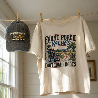 Matching set: Front Porch Values. Dirt Road Roots vintage washed cap and Front Porch Values. Dirt Road Roots vintage t-shirt