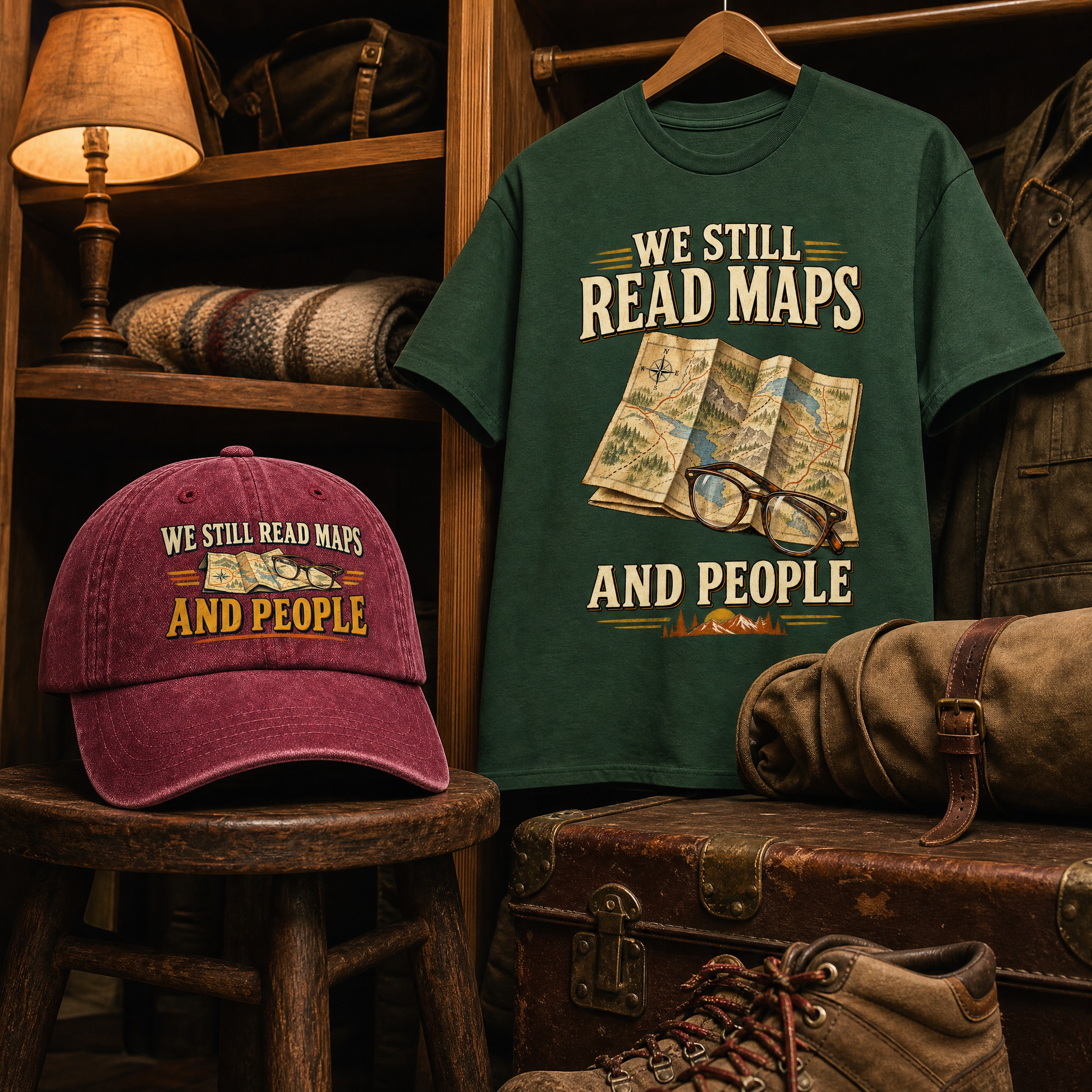 Matching set: We Still Read Maps And People vintage washed cap and We Still Read Maps And People vintage t-shirt