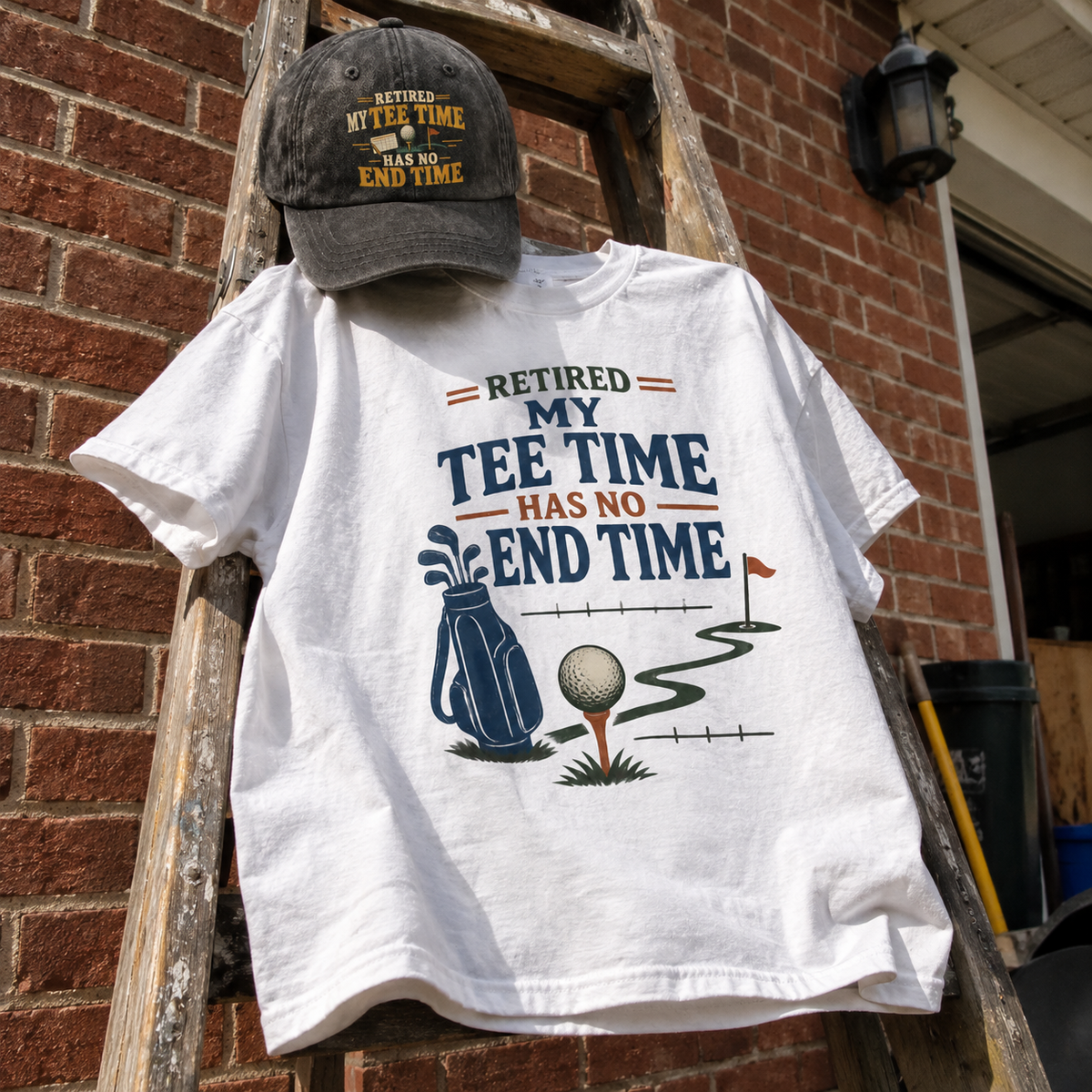 Matching set: Retired. My Tee Time Has No End Time vintage washed cap and Retired. My Tee Time Has No End Time vintage t-shir