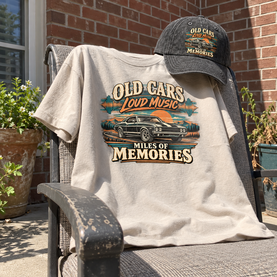 Matching set: Old Cars. Loud Music. Miles Of Memories vintage washed cap and Old Cars. Loud Music. Miles Of Memories vintage 