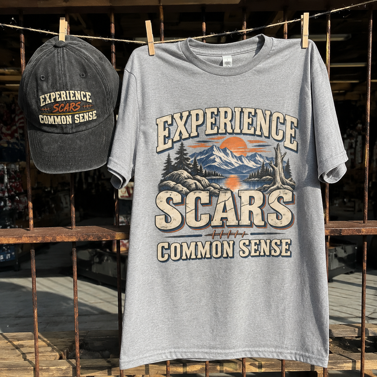 Matching set: Experience Scars. Common Sense vintage washed cap and Experience Scars. Common Sense vintage t-shirt