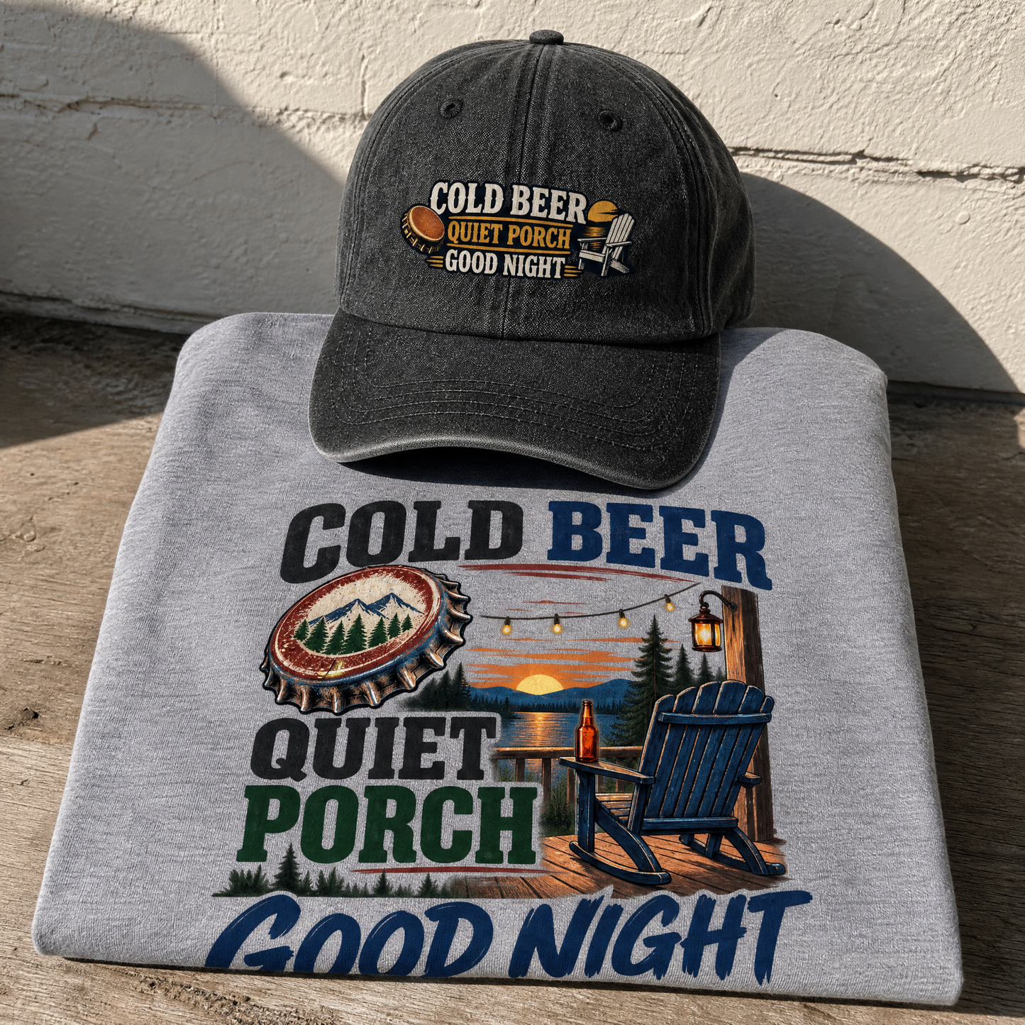 Matching set: Cold Beer Quet Porch Good Night vintage washed cap and Cold Beer Quiet Porch Good Night vintage t-shirt