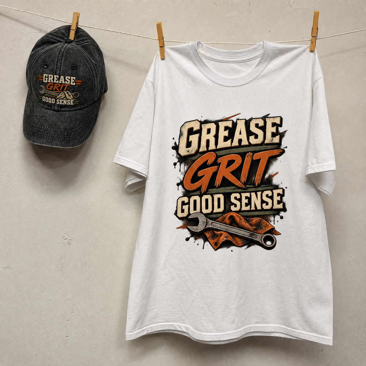 Matching set: Grease Grit Good Sense vintage washed cap and Grease Grit Good Sense vintage t-shirt
