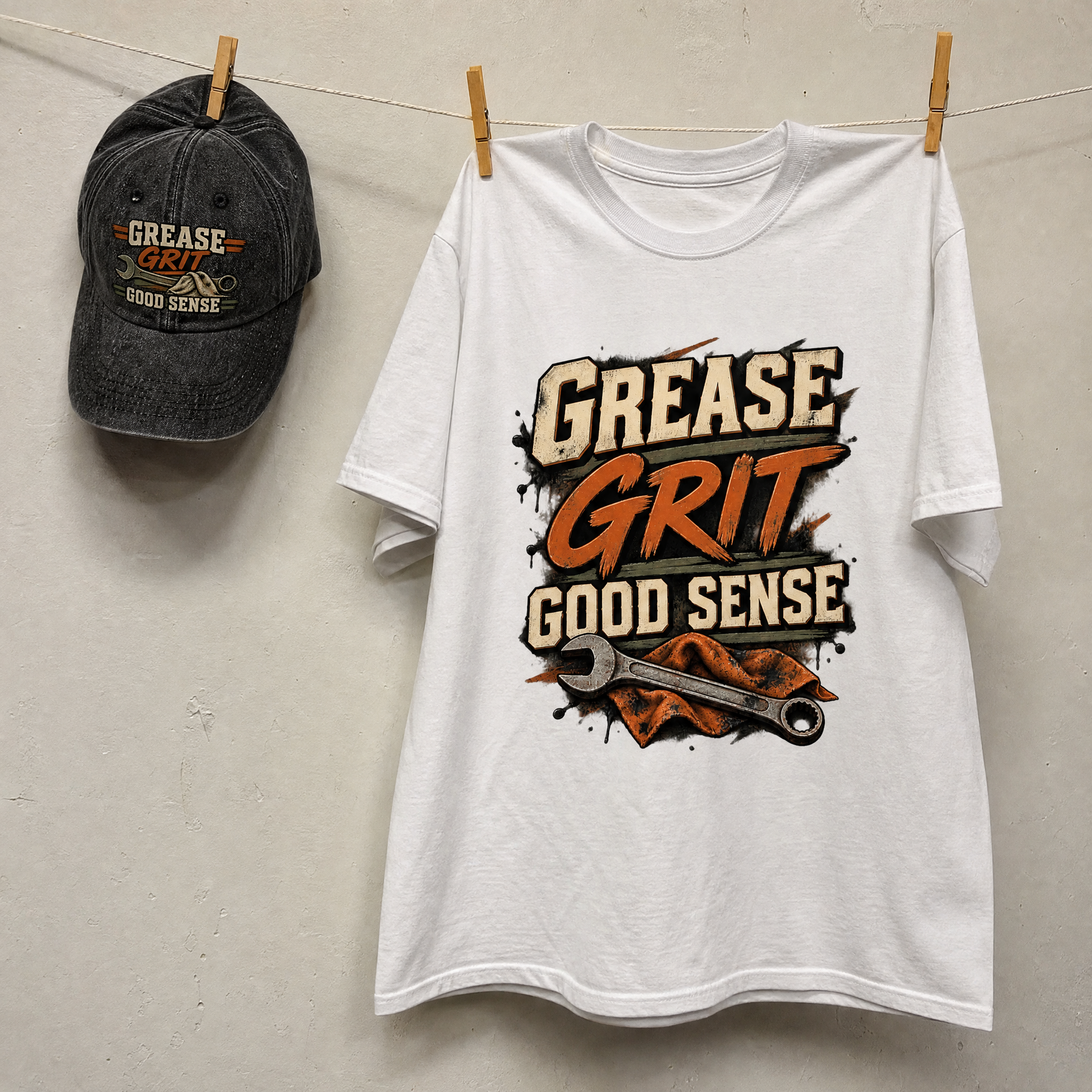 Matching set: Grease Grit Good Sense vintage washed cap and Grease Grit Good Sense vintage t-shirt