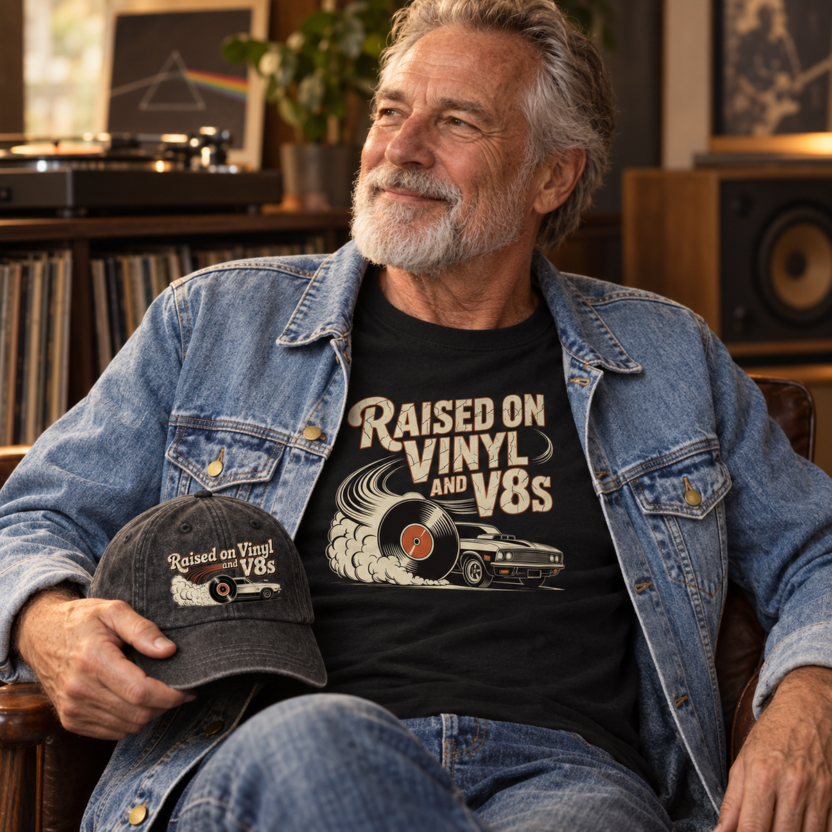 Senior man by a turntable in Raised on Vinyl and V8s denim jacket and t-shirt with the matching cap
