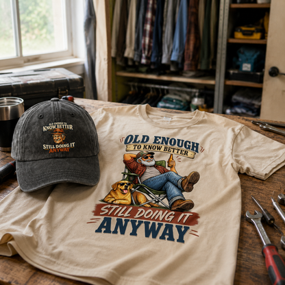Matching set: Old Enough To Know Better Still Doing It Anyway vintage washed cap and Old Enough To Know Better Still Doing It