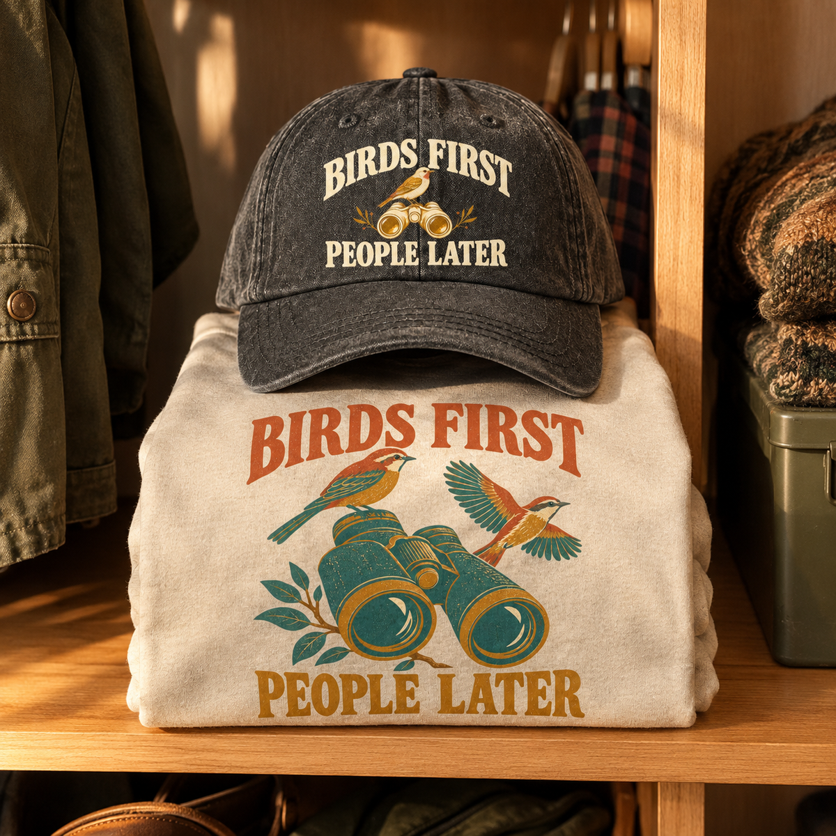 Matching set: Birds First. People Later vintage washed cap and Birds First. People Later vintage t-shirt