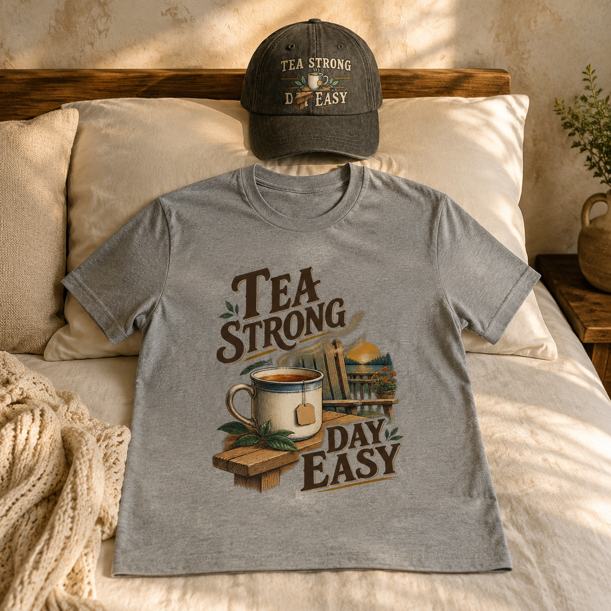 Matching set: Tea Strong Day Easy vintage washed cap and Tea Strong Day Easy vintage t-shirt