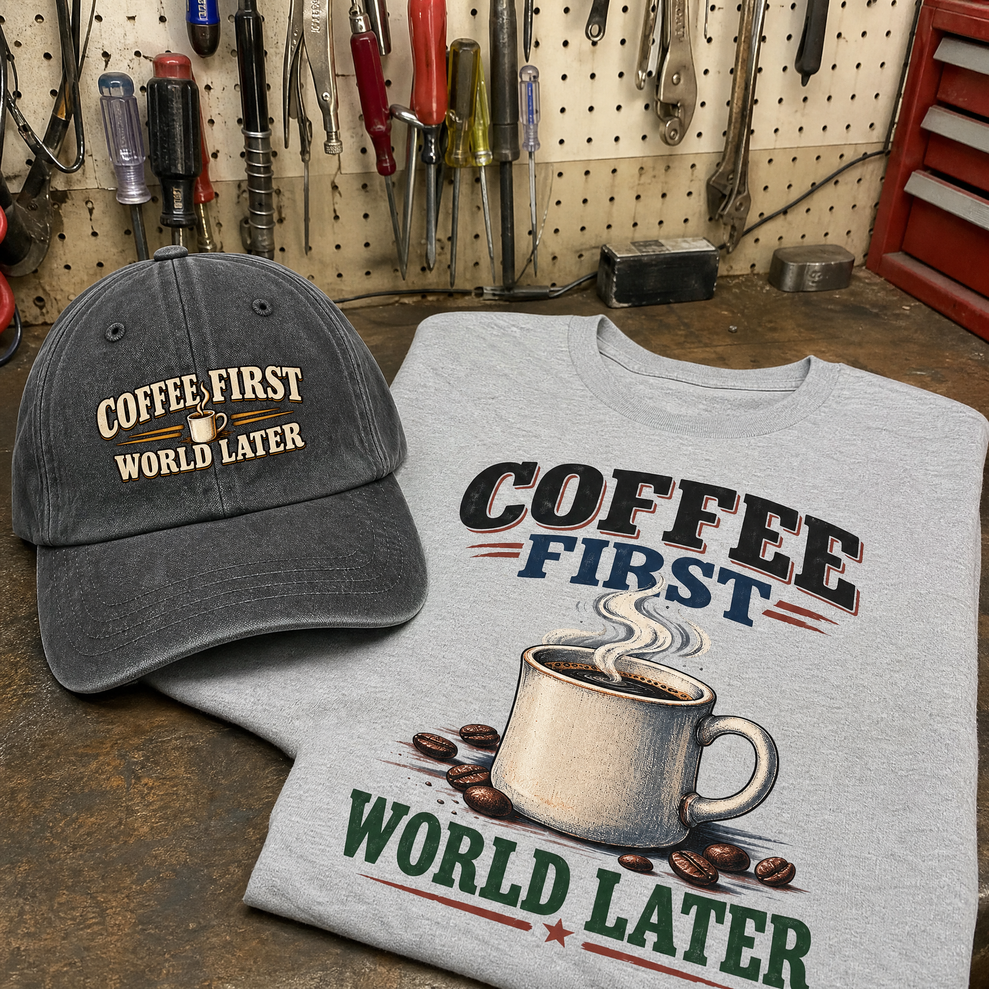 Matching set: Coffee First. World Later vintage washed cap and Coffee First. World Later vintage t-shirt