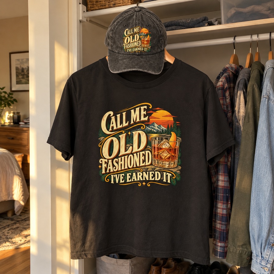Matching set: Call Me Old Fashioned. I've Earned It vintage washed cap and Call Me Old Fashioned. I've Earned It vintage t-sh
