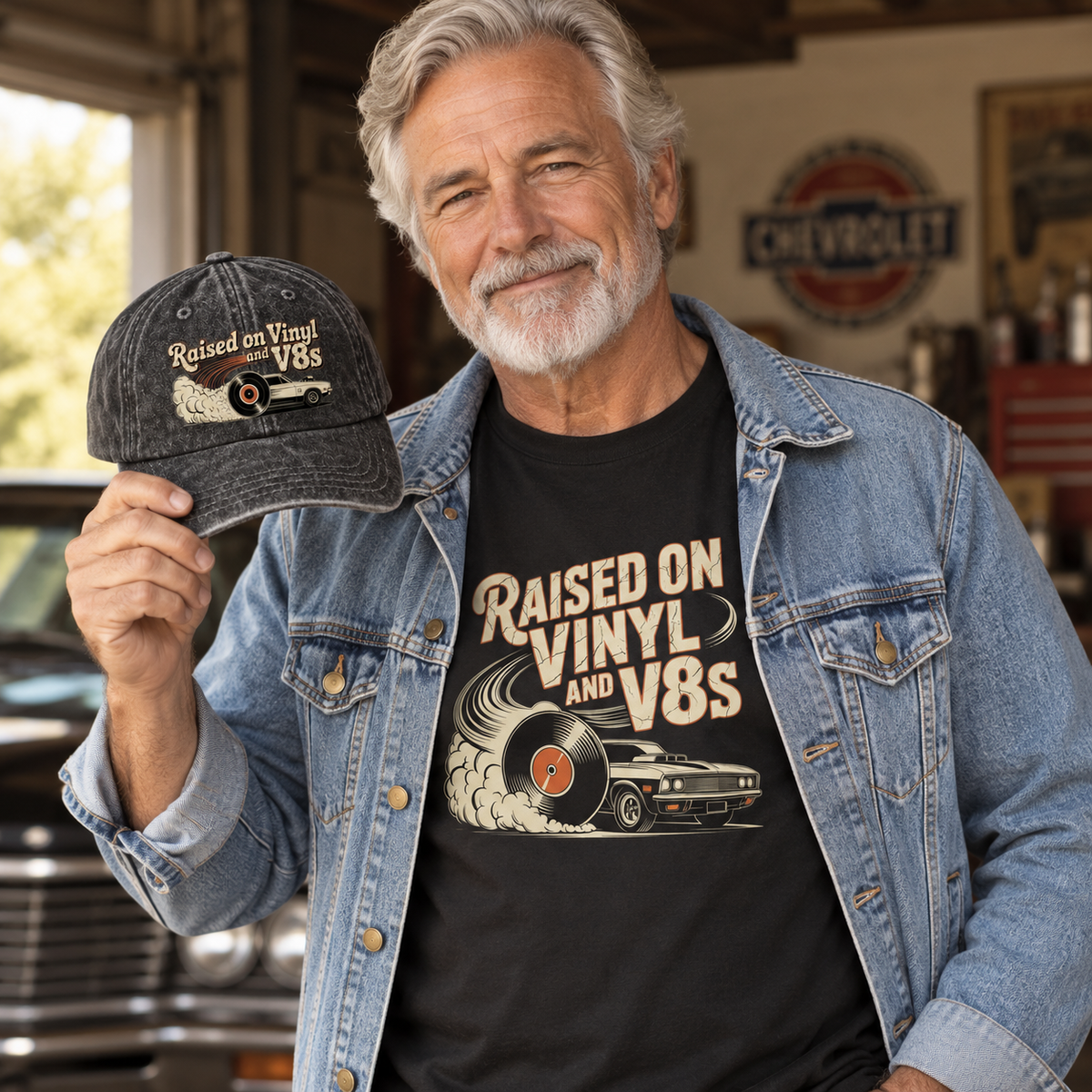 Matching set: Raised on Vinyl and V8s denim jacket, vintage t-shirt and vintage washed cap