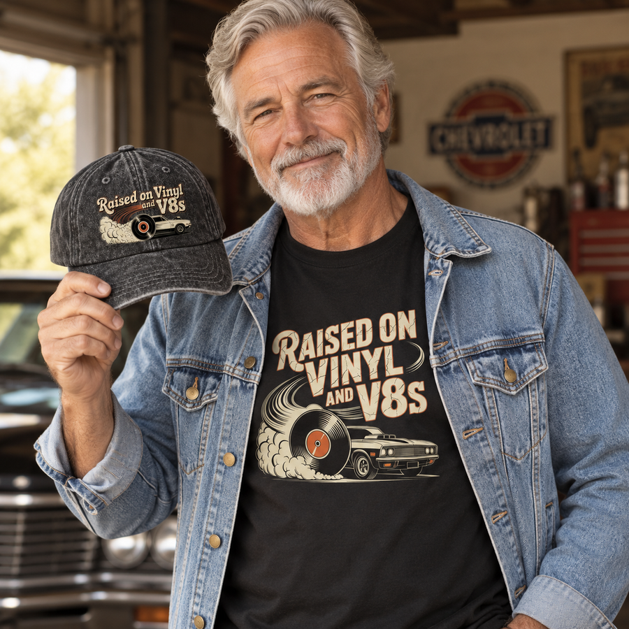 Matching set: Raised on Vinyl and V8s denim jacket, vintage t-shirt and vintage washed cap