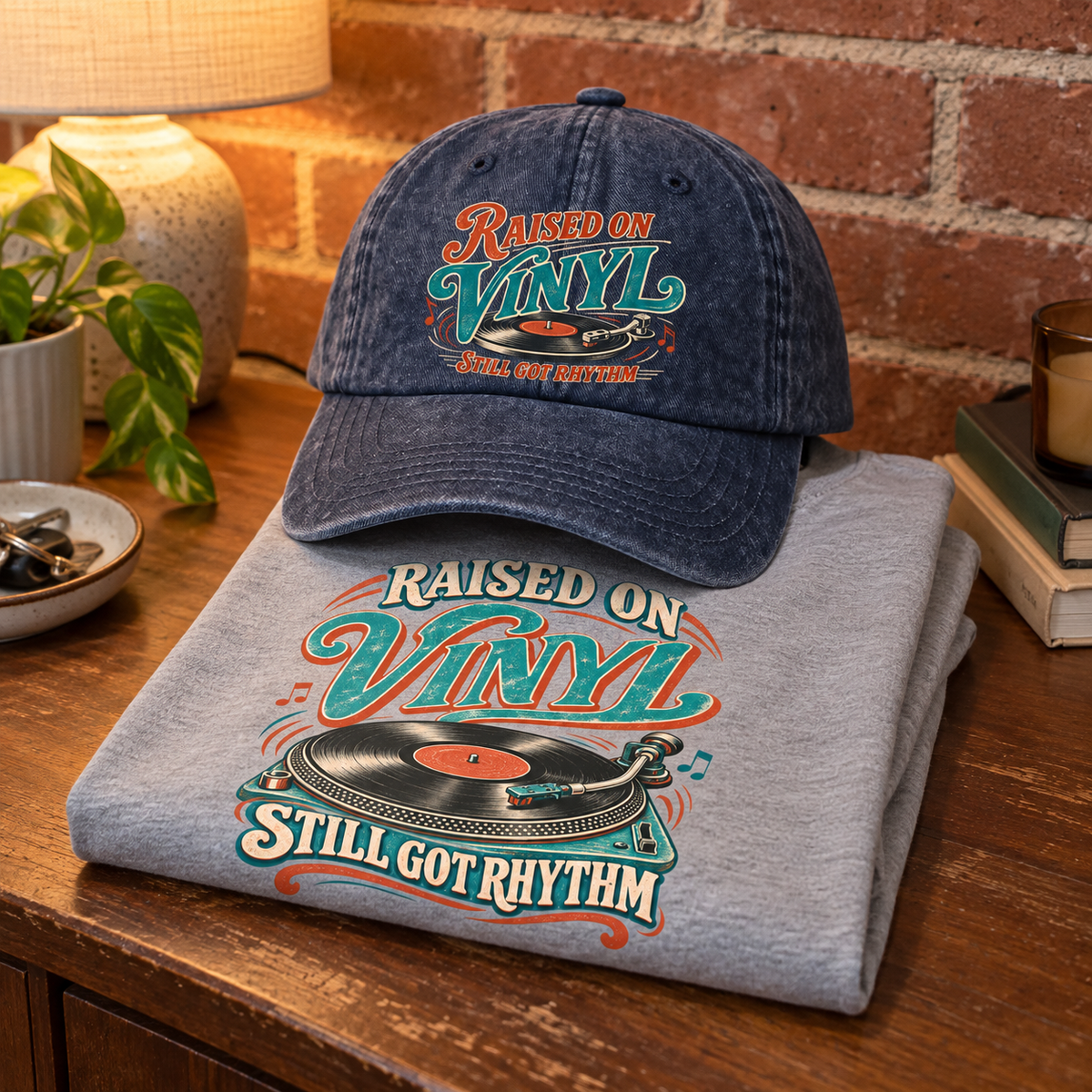 Matching set: Raised On Vinyl Still Got Rhythm vintage washed cap and Raised On Vinyl Still Got Rhythm vintage t-shirt