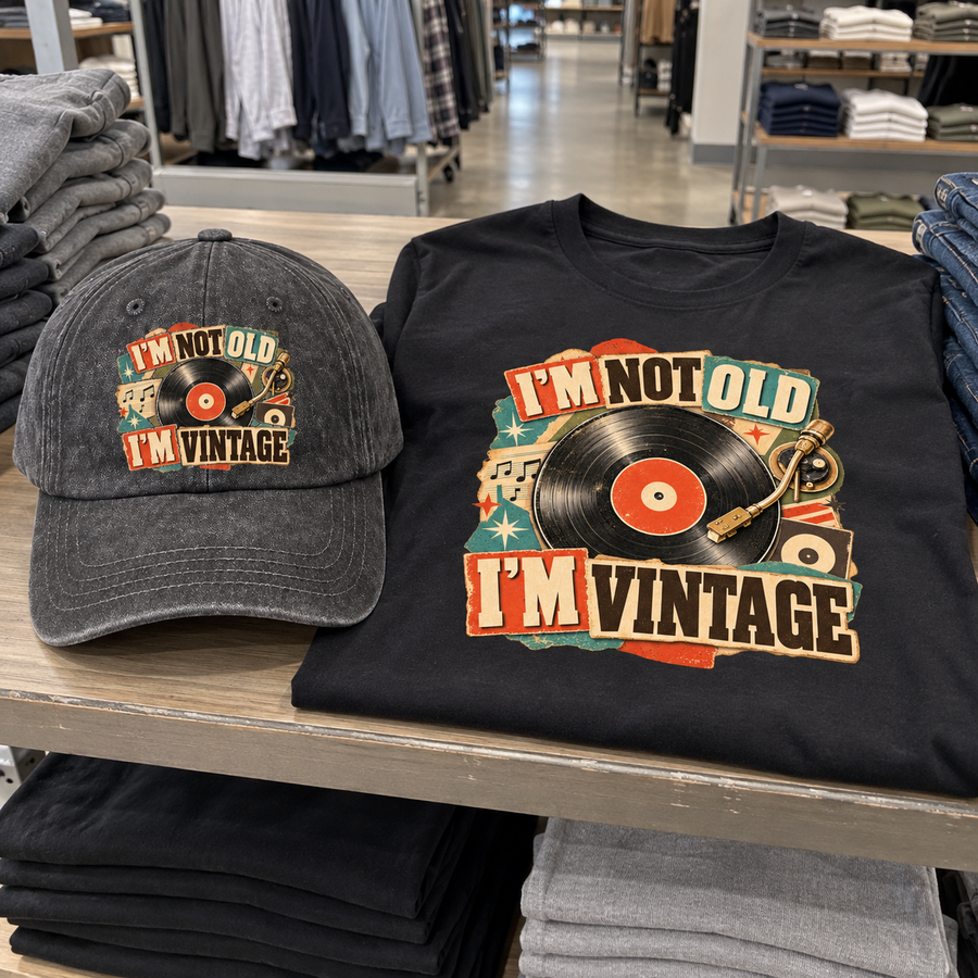 Matching set: I'm Not Old. I'm Vintage vintage washed cap and I'm Not Old. I'm Vintage vintage t-shirt