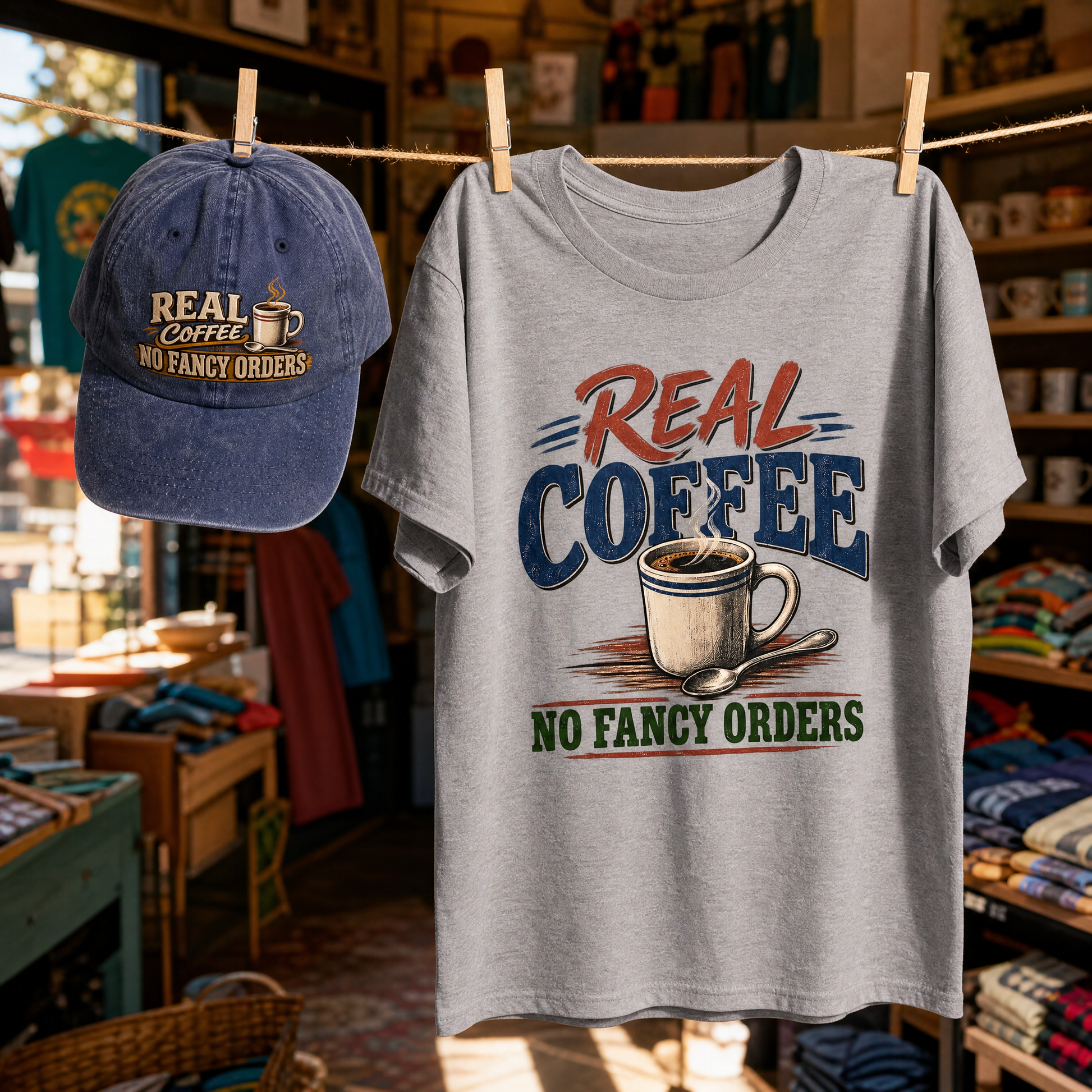 Matching set: Real Coffee. No Fancy Orders vintage washed cap and Real Coffee. No Fancy Orders vintage t-shirt