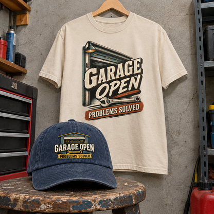 Matching set: Garage Open Problems Solved vintage washed cap and Garage Open Problems Solved vintage t-shirt