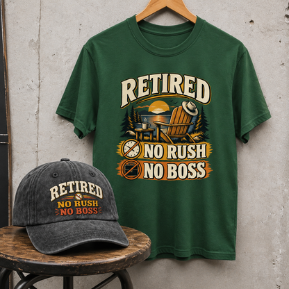 Matching set: Retired. No Rush No Boss vintage washed cap and Retired. No Rush No Boss vintage t-shirt