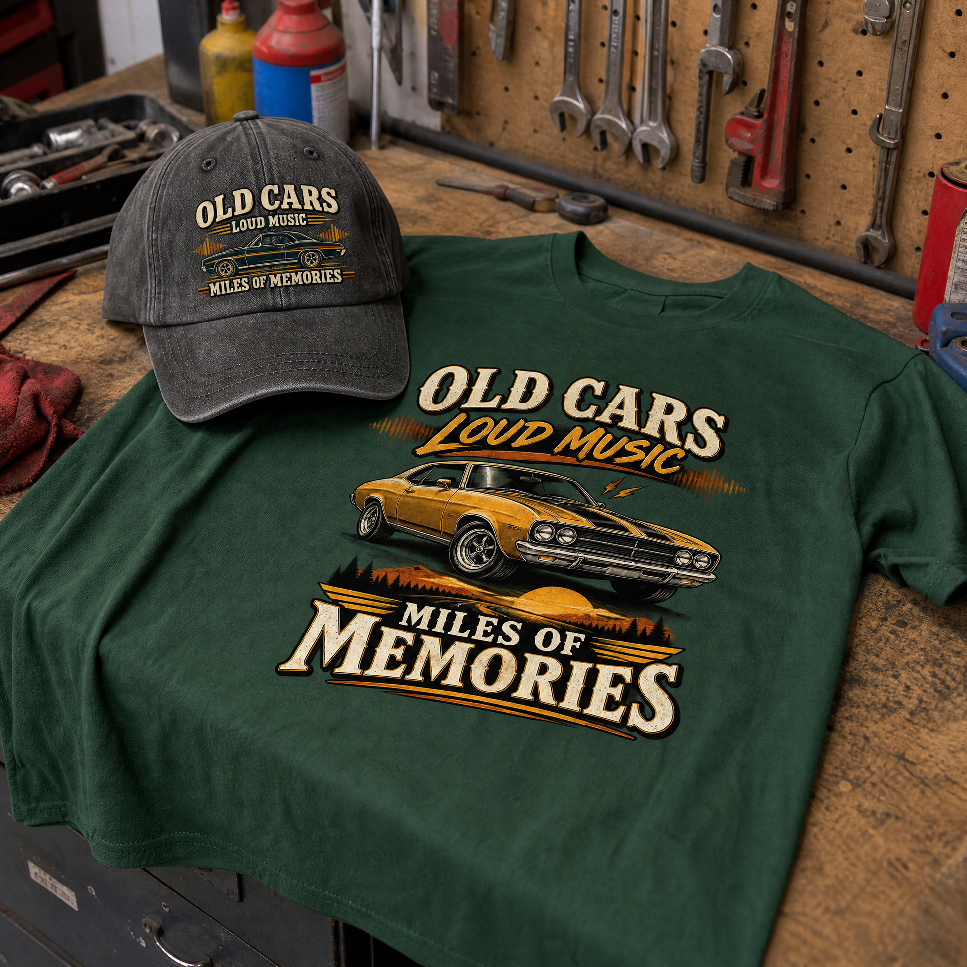 Matching set: 35 old cars loud music miles of memories ideogram 4x TRIM pad80 vintage washed cap and Happy Weekend! vintage t