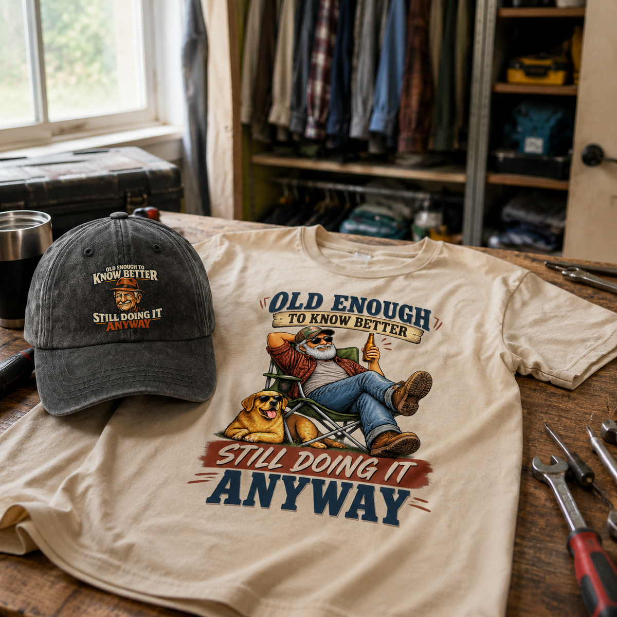 Matching set: Old Enough To Know Better Still Doing It Anyway vintage washed cap and Old Enough To Know Better Still Doing It