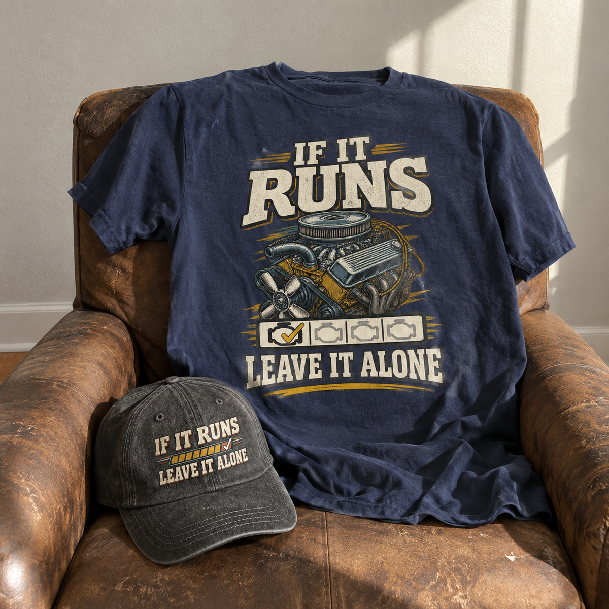 Matching set: If It Runs Leave It Alone vintage washed cap and If It Runs Leave It Alone vintage t-shirt