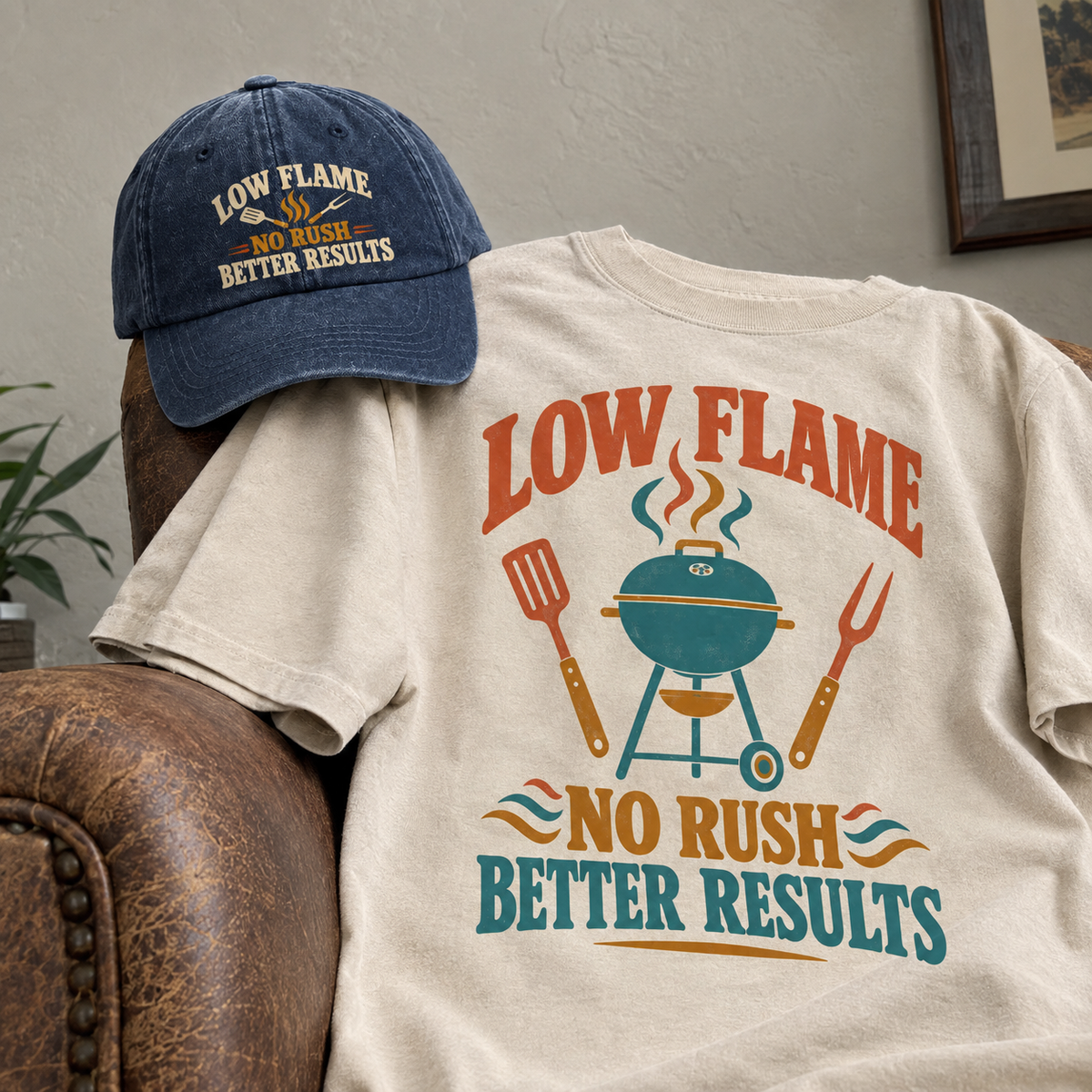 Matching set: Low Flame. No Rush Better Results vintage washed cap and Low Flame. No Rush Better Results vintage t-shirt