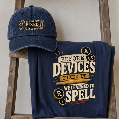 Matching set: Before Devices Fixed It. We Learned To Spell vintage washed cap and Before Devices Fixed It. We Learned To Spell vintage t-shirt