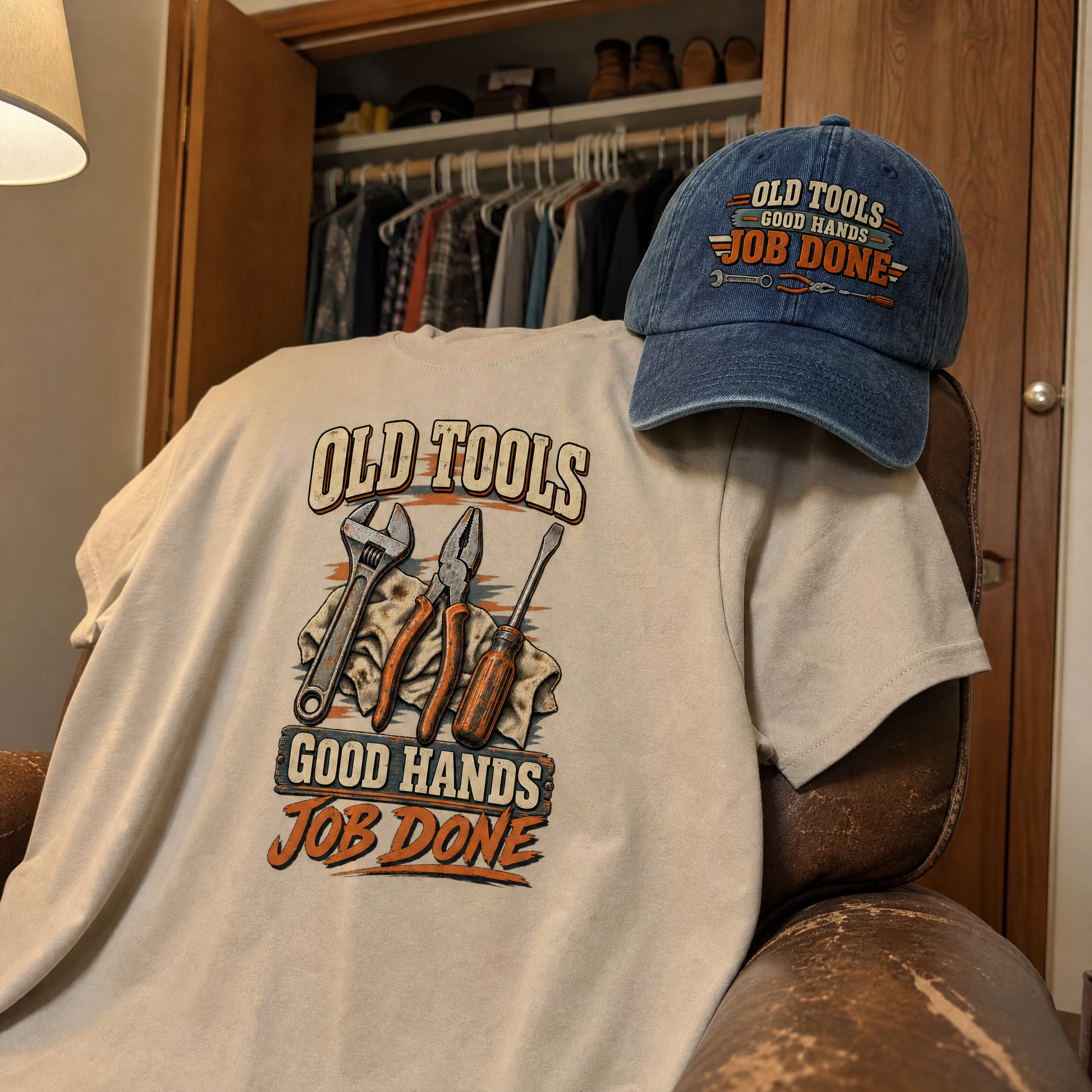 Matching set: Old Tools Good Hands Job Done vintage washed cap and Old Tools Good Hands Job Done vintage t-shirt