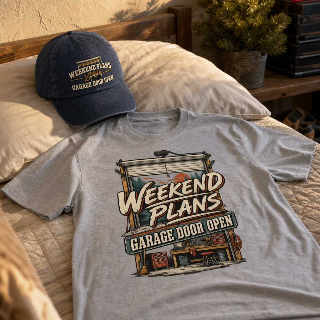 Matching set: Weekend Plans. Garage Door Open vintage washed cap and Weekend Plans. Garage Door Open vintage t-shirt