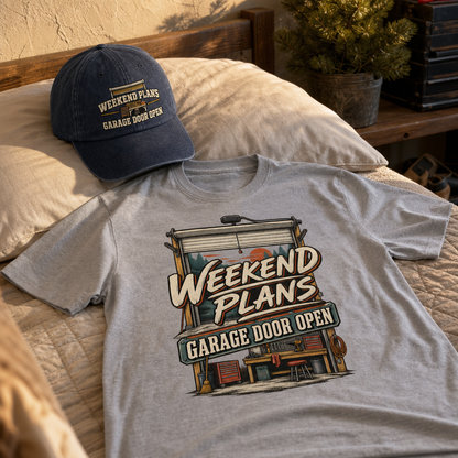 Matching set: Weekend Plans. Garage Door Open vintage washed cap and Weekend Plans. Garage Door Open vintage t-shirt